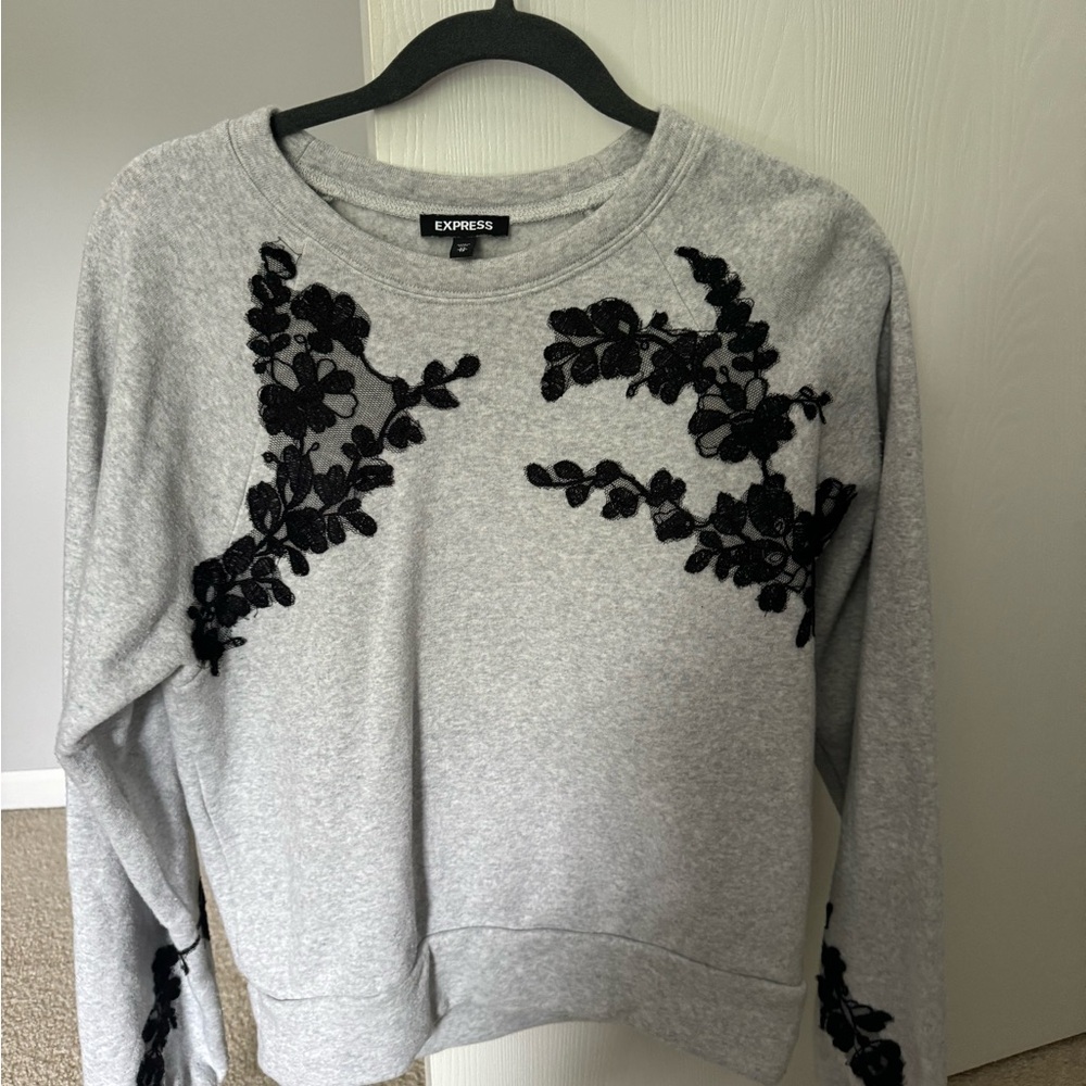 Express Gray Sweatshirt with Black Floral Design
